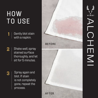 USE TO TREAT FABRIC, UPHOLSTERY, CARPET, AND TABLE LINENS - Wherever you’ve had a wine spill, the Alchemi Wine Stain Remover is ready to get to work. Just spray the stain remover on the dark stain, wait, and blot the stain away. Repeat as needed.