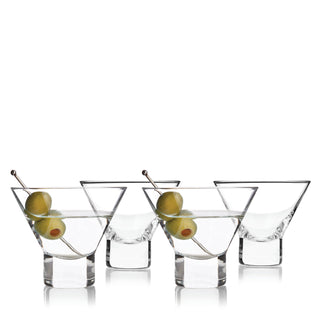 FOUR STEMLESS CRYSTAL MARTINI GLASSES – This beautiful cocktail glassware is designed with precise angles and crystal clarity. Sleek and contemporary, these glasses look great on a bar cart and give some understated elegance to any drink.
