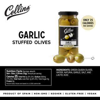 REAL GARLIC – These olives are generously-filled with garlic for a unique and delicious flavor profile. Throw a couple of these olives into your cocktail or salad for a boost in taste and character.