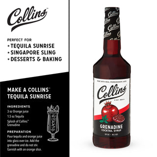 POMEGRANATE FLAVORING FOR DRINKS - Add fruity fun to classic cocktails like a Shirley Temple, Tequila Sunrise, or Singapore Sling. Collins Grenadine Syrup brings the sweet-tart tang of real pomegranate juice to your favorite drink recipes.