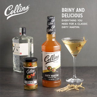 PREMIUM INGREDIENTS - Formulated with professional bartenders, Collins dirty martini mix is made with 100% real olive brine for that iconic dirty martini flavor. Our pimento cocktail olives are the perfect garnish for martinis, bloody marys and more. 