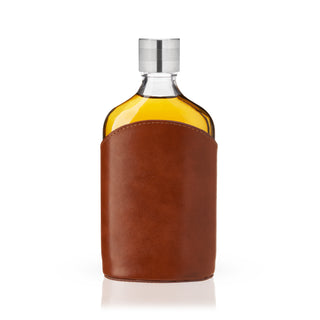 7 0Z FLASK WITH SCREW TOP - Fill this hip flask with 7 oz. of your favorite beverage. This clear glass flask has a weighted screw-on lid for a secure seal. The brown leather wrapped flask is a beautiful version of classic drinking flasks.