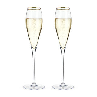 TWO GOLD-RIMMED CHAMPAGNE GLASSES – This beautiful pair of gilded champagne flutes will enhance your sparkling wine. Crafted to bring luxury to any occasion, this gorgeous stemmed glassware set is perfect for making bubbly extra-special.