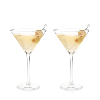 STEMMED CRYSTAL MARTINI GLASSES This beautiful cocktail glassware is designed with precise angles and crystal clarity. Sleek and contemporary, these glasses look great on a bar cart and give some understated elegance to any drink.