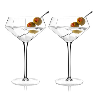 STEMMED MARTINI GLASSES – This beautiful diamond-shaped cocktail glassware is designed with precise angles and crystal clarity. Sleek and contemporary, these stem martini glasses look great on a bar cart or in your liquor cabinet.