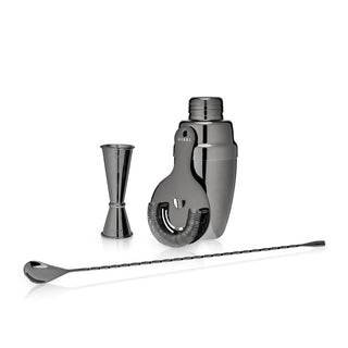 ESSENTIAL BARWARE TOOL SET - This bar kit bar features four of the most important bar tools: a shaker, jigger, strainer, and spoon that doubles as a muddler in a flashy gunmetal finish. Perfect for a budding bartender or seasoned mixologist.