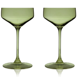 SAGE COUPE COCKTAIL GLASSES – This set of sage green colored cocktail coupes will enhance your shaken cocktails. A sleek silhouette with an angled bowl gives these colored coupe glasses a modern look, while the green hue recalls vintage glassware.
