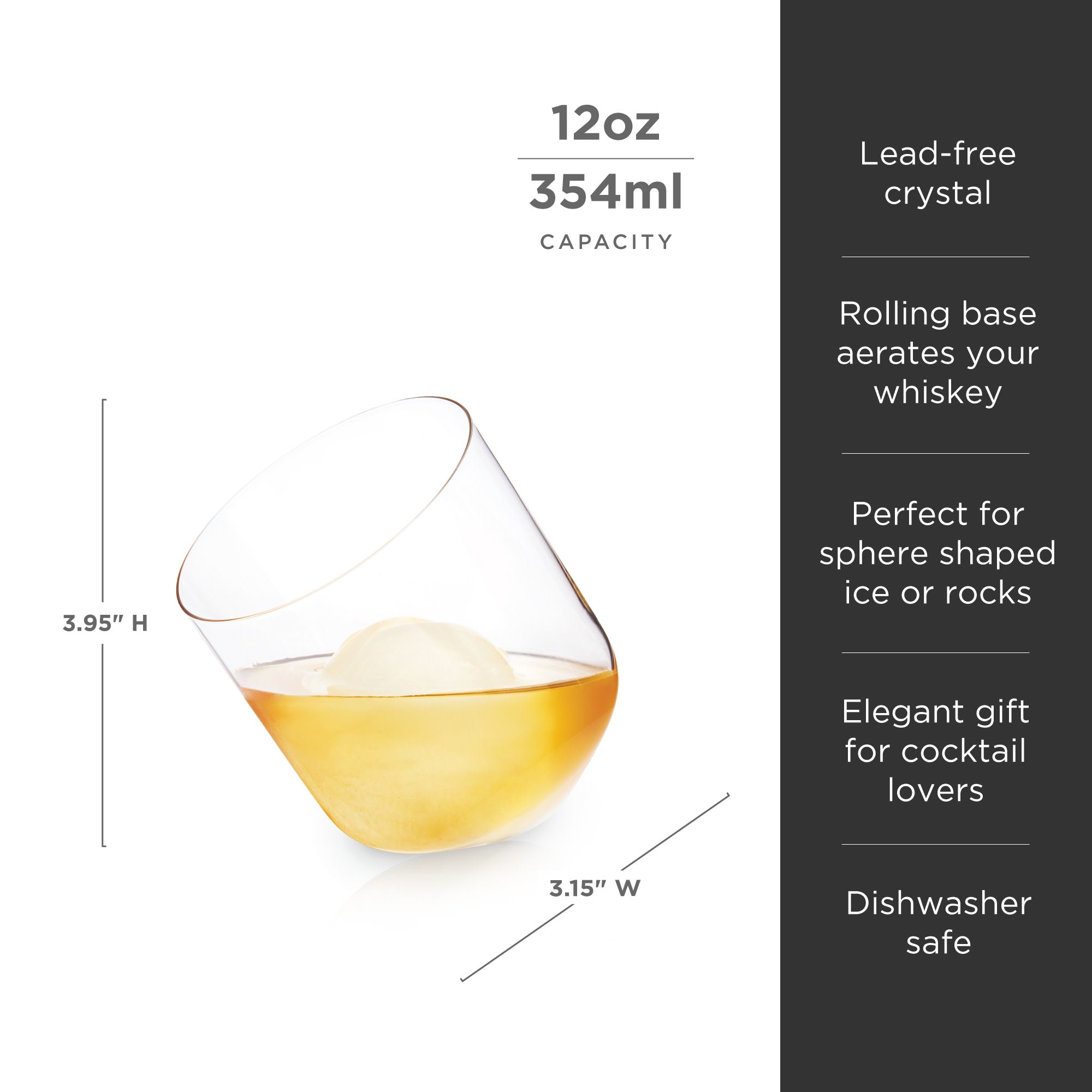 Viski Rolling Crystal Wine Glasses Set of 2 - Premium Crystal Clear Glass, Modern  Stemless, Wine Glass Gift Set - 12oz