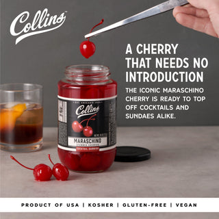 STEMMED ROYAL ANNE CHERRIES – Discover a gourmet 26oz jar of hand-packed cocktail cherries with stem. Red and juicy, these cherries are perfect for topping-off your favorite cocktail or dessert.