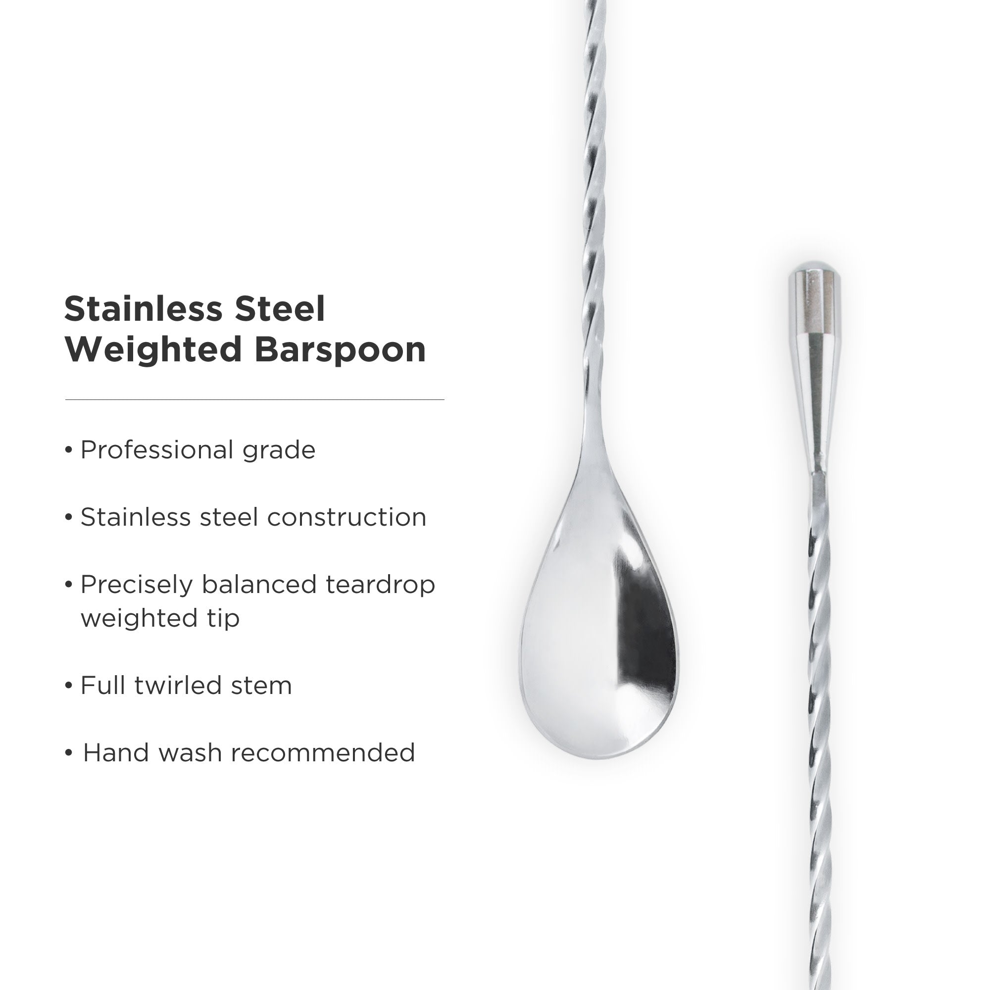 Viski Stainless Steel Weighted Barspoon, Japanese Style Twisted Stem  Handle, Teardrop Weight