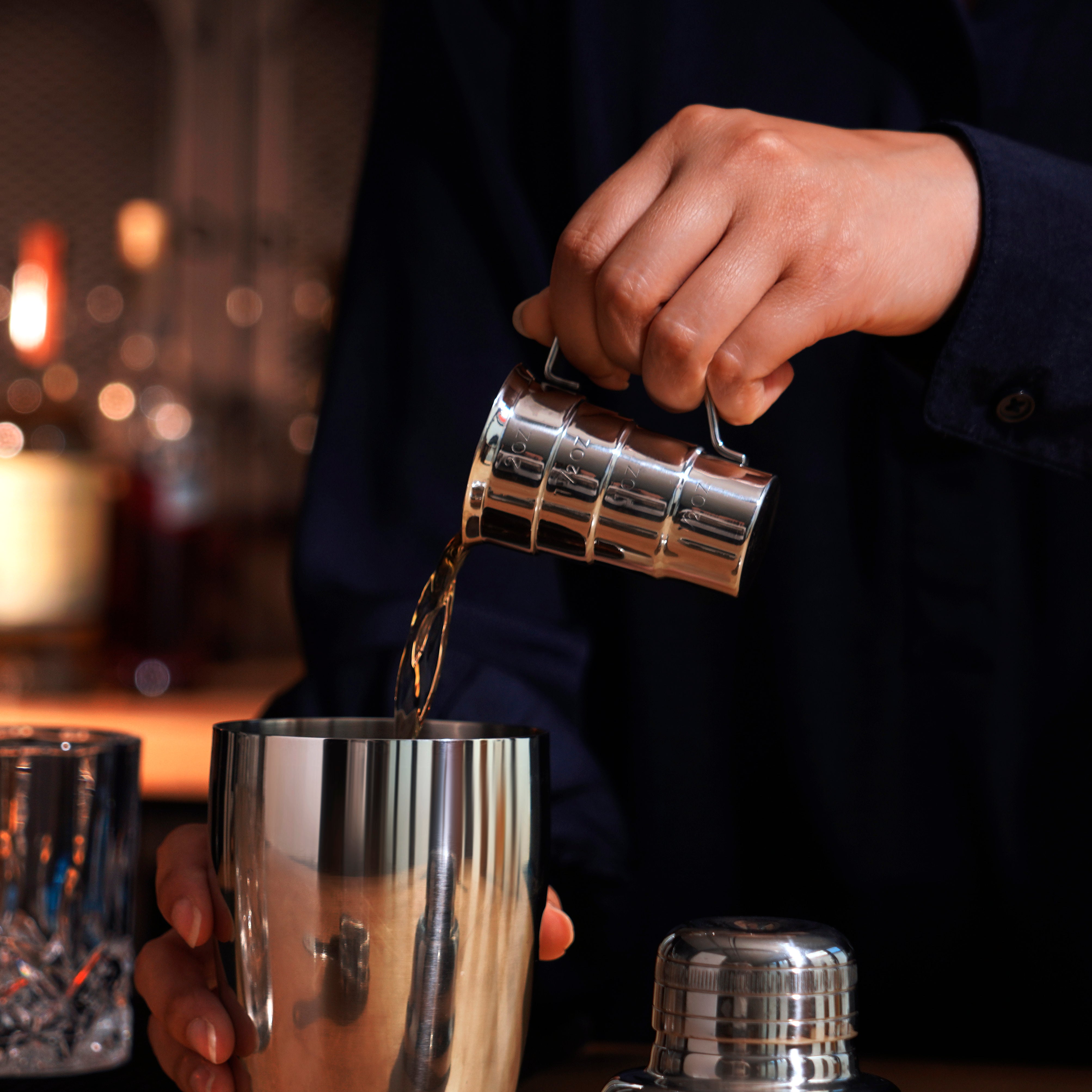 Viski Stepped Jigger With Handle, 4 Measurement Markings, Measuring Cup for Cocktail Recipes, 0.5 oz, 1 oz, 1.5 oz, & 2 oz, Stainless Steel