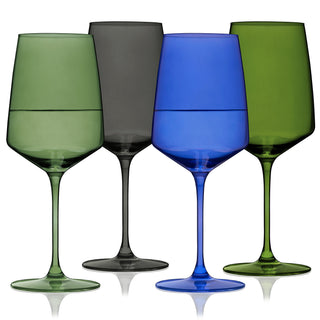 MULTI-COLORED WINE GLASSES SET OF 4 – This set of stemmed wine glasses will enhance your finest vintages. A sleek angled modern silhouette gives these unique wine glasses a contemporary look, while 4 distinct colors recall vintage glassware.