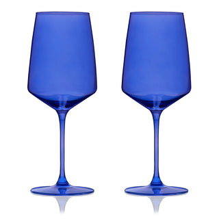 COBALT BLUE WINE GLASSES  – This set of stemmed wine glasses will enhance your finest vintages. A sleek modern silhouette with an angled bowl gives these unique wine glasses a contemporary look, while the blue hue recalls colorful vintage glassware.