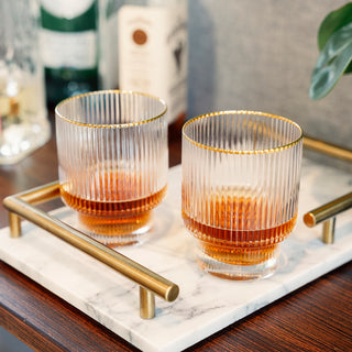 RIPPLED TEXTURE & STACKABLE DESIGN - Elegant repeating vertical grooves and gold-dipped rims give this barware a luxurious look and feel. The geometric structure makes these glasses beautiful and stackable for easy storage.