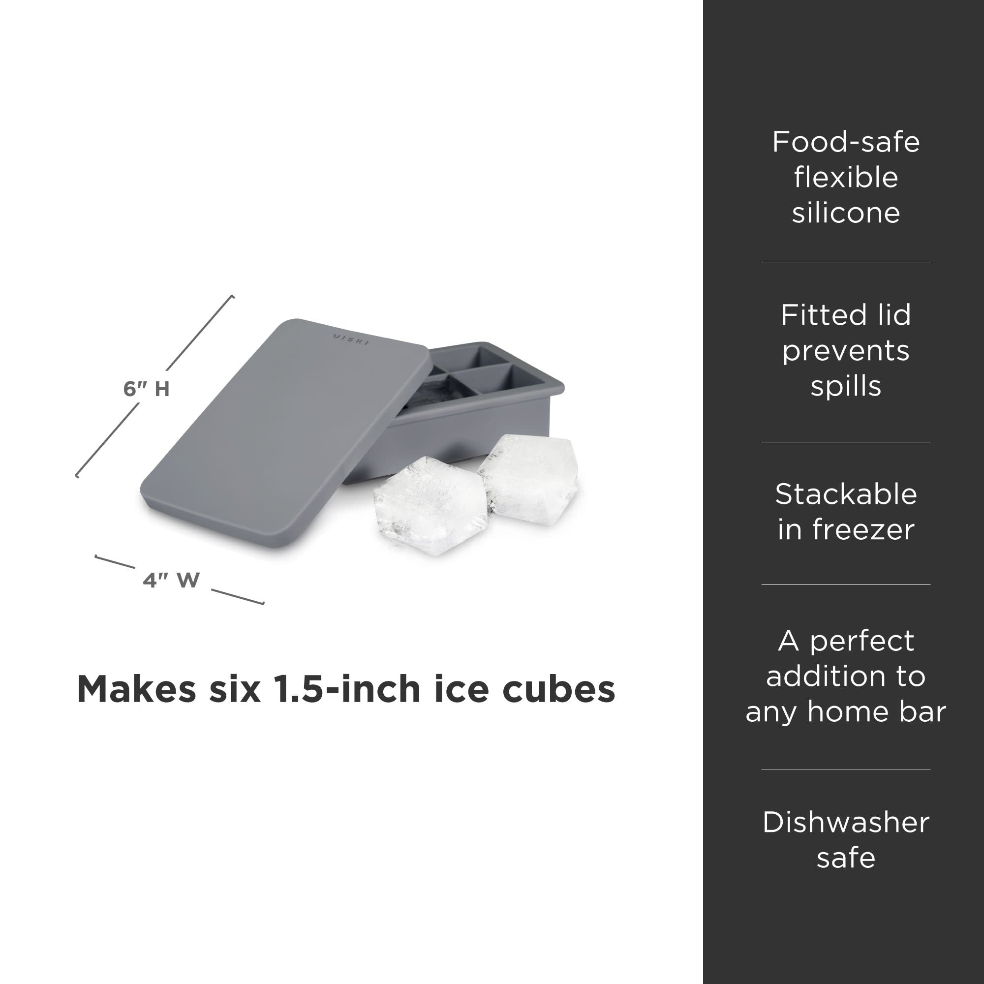 Viski Whiskey Cube Tray With Lid  2-inch Ice Trays & Molds, Grey