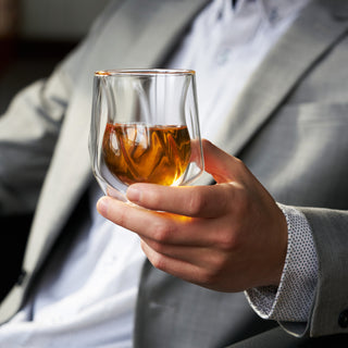 DOUBLE WALLED DESIGN REGULATES TEMPERATURE - Our double walled whiskey glasses protect your liquor for the heat from your hand, keeping your whiskey colder without needing more ice. The tulip shape of the internal vessel focuses your whiskey’s aromas.