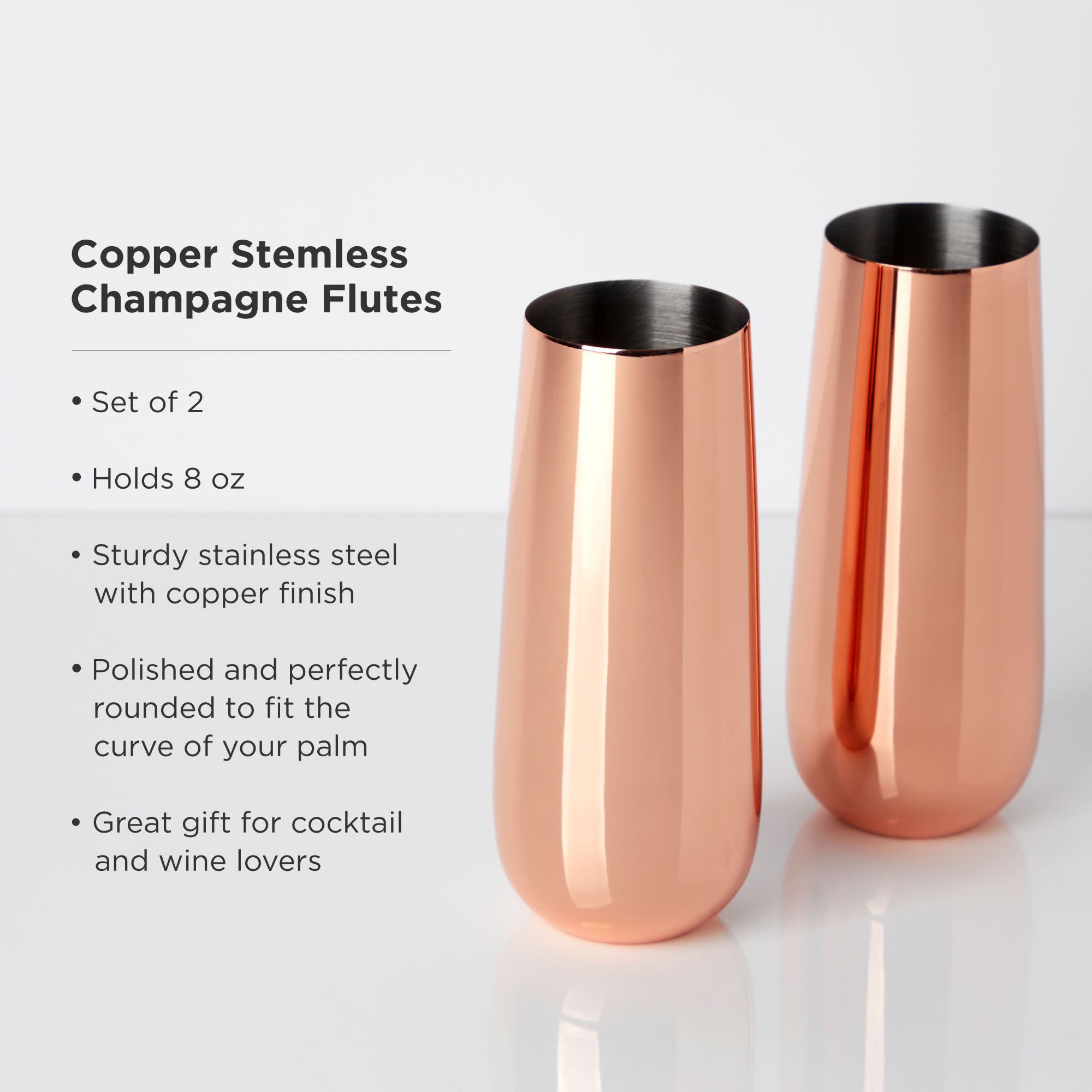 Viski Copper Wine Glasses, Stemless Wine Glass Set, Stainless Steel with  Copper Finish, 18 Ounces, Set of 2, Copper