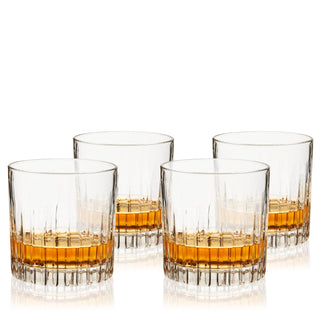 FOUR NEAT BOURBON GLASSES – With their crystal clarity and subtle facets, these neat spirits glasses look great on a bar cart. While they’re perfect as whiskey glasses, they also make great cocktail glasses for strong stirred drinks.