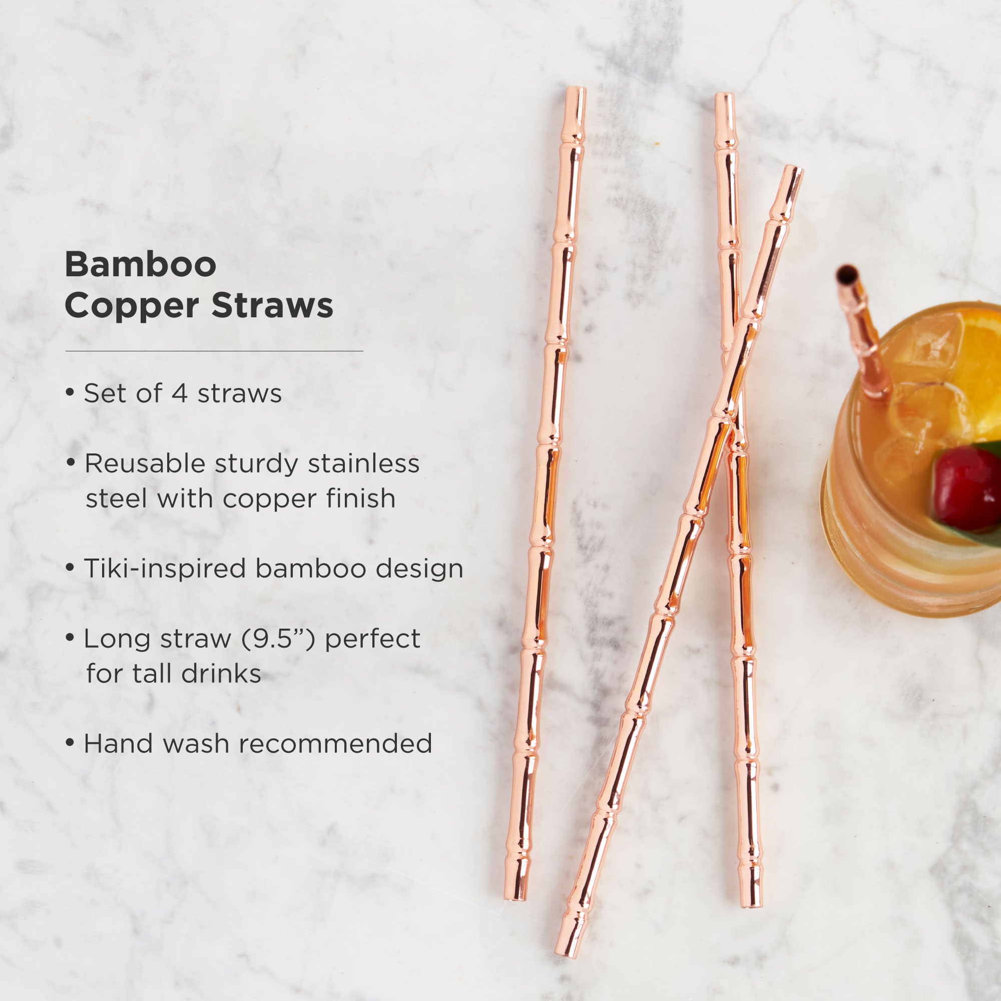 Viski Stainless Cocktail Straws - Reusable Copper Straws - Eco-Friendly  Bamboo Finish Metal Drinking Straws 9.5 Inch, Set of 4