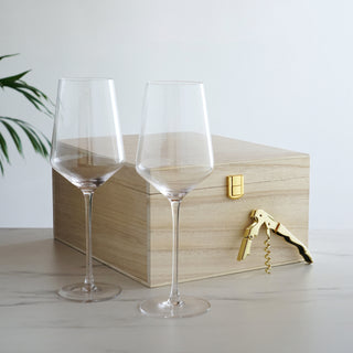 GORGEOUS WOODEN WINE GIFT BOX – Impress the wine connoisseur in your life with this wine gift box. Flawless long stem wine glasses and a stunning double-hinged bottle opener make the perfect Christmas, birthday, anniversary, or housewarming gift.