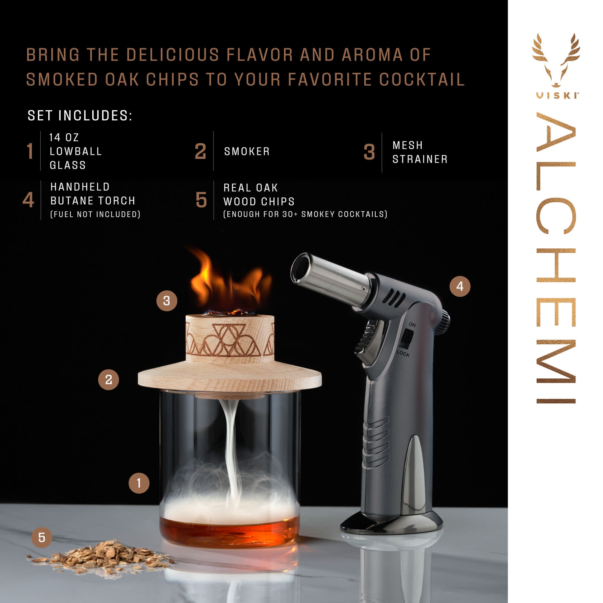 Viski Alchemi Single Serve Smoke Cocktail Kit with Glass and Torch - Smoked  Whiskey Kit with Torch - 5 Piece Set