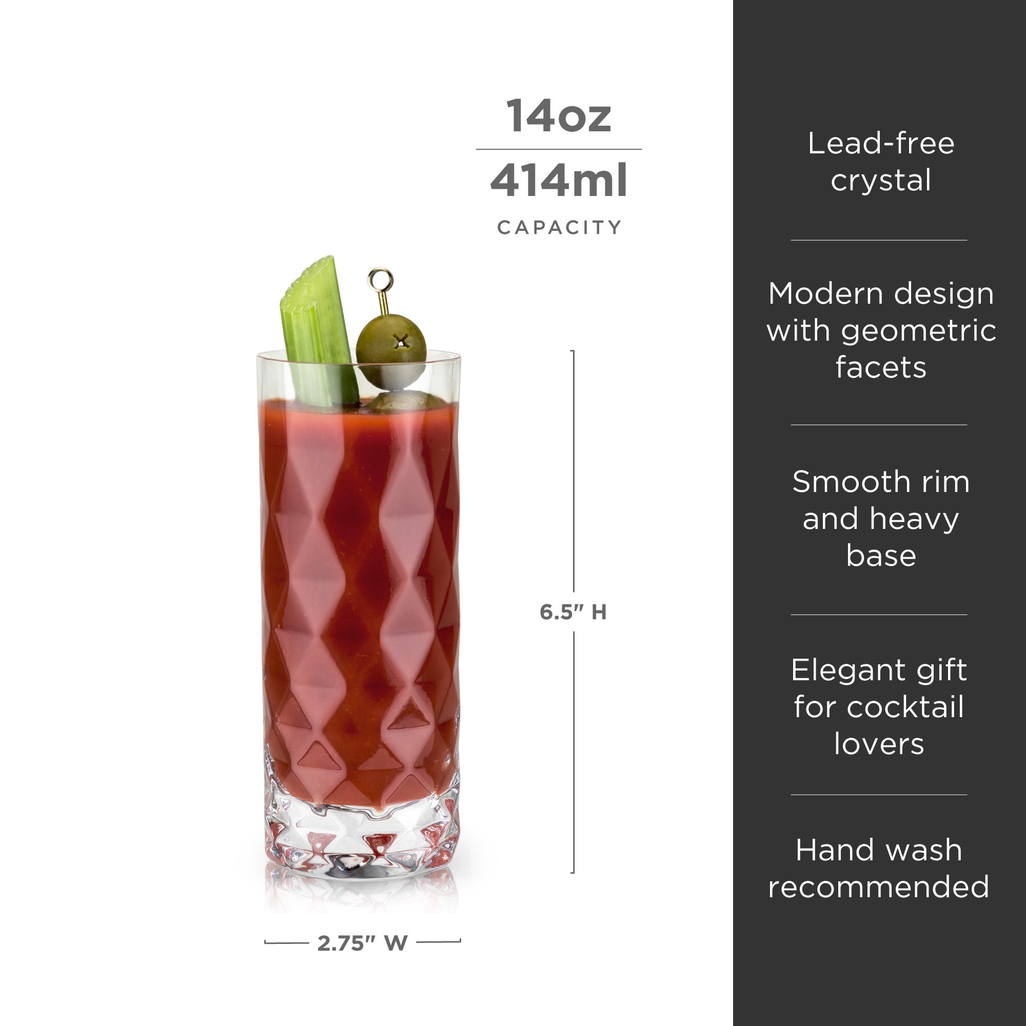 Viski Raye Gem Crystal Highball Tumblers Set of 2 - Premium Crystal  Drinking Glasses, Fancy Highball Cocktail Glassware Gift Set, 14 oz