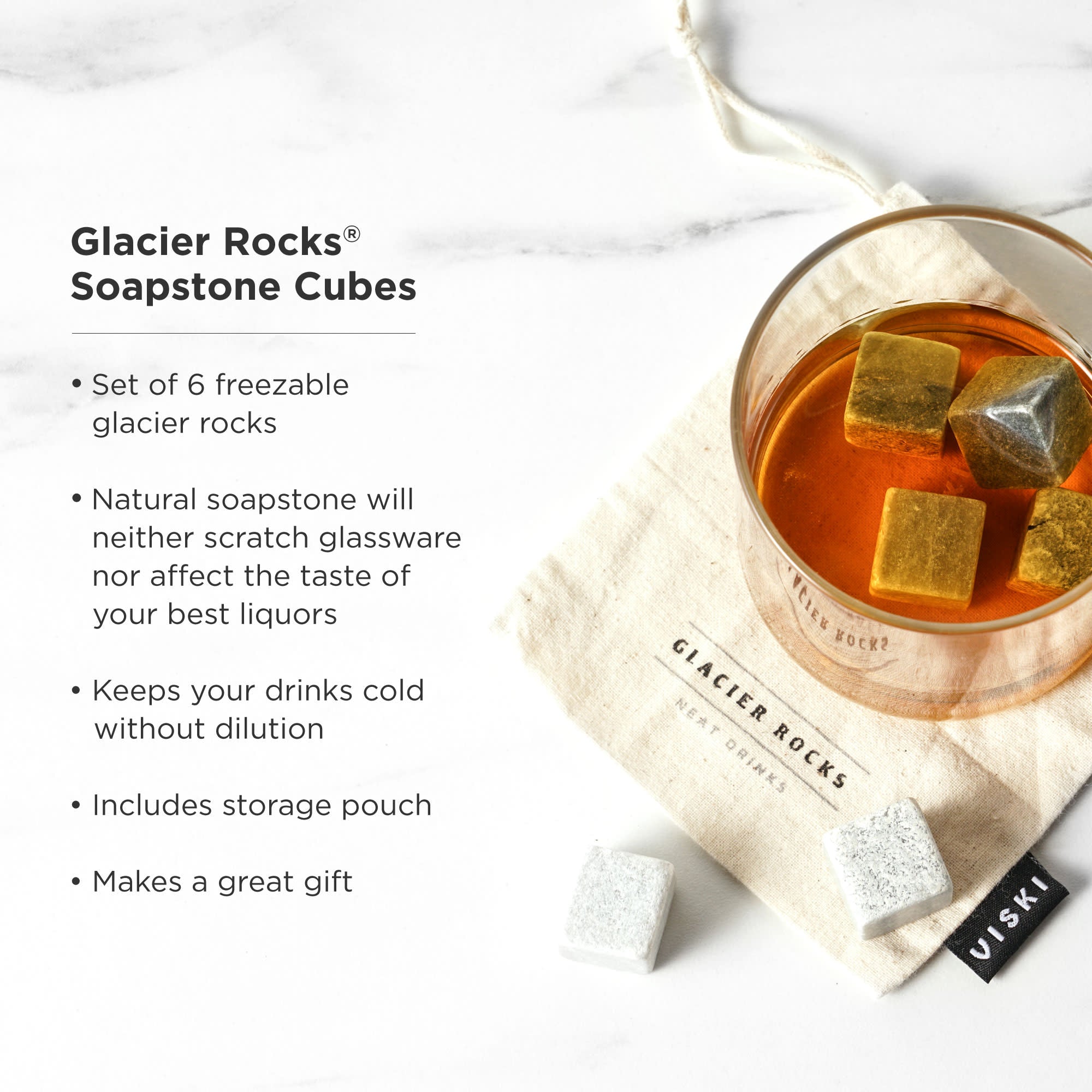 Viski Glacier Rocks - Soapstone Cubes Chilling Stones for Drinks