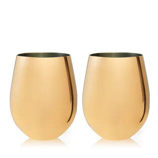 SET OF STYLISH GOLD WINE GLASSES - Stylish, shatterproof, and perfect for wine and cocktails, these metal wine glasses make a striking statement. Add these gold gunmetal stemless wine glasses to your cocktail glassware collection.