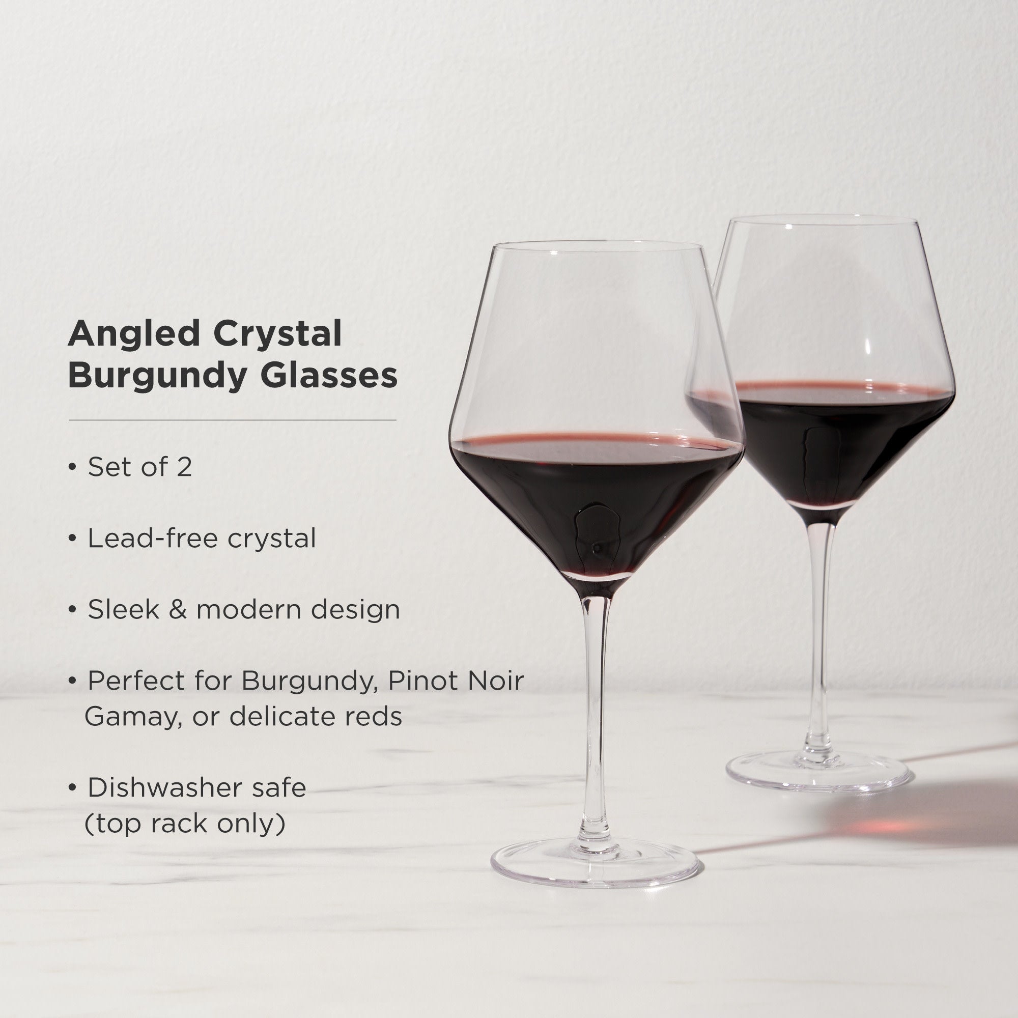 Viski Raye Angled Burgundy Glasses Set of 2 - Premium Crystal Clear Glass,  Modern Stemmed, Flat Bottom Red Wine Gift Set - 21 oz