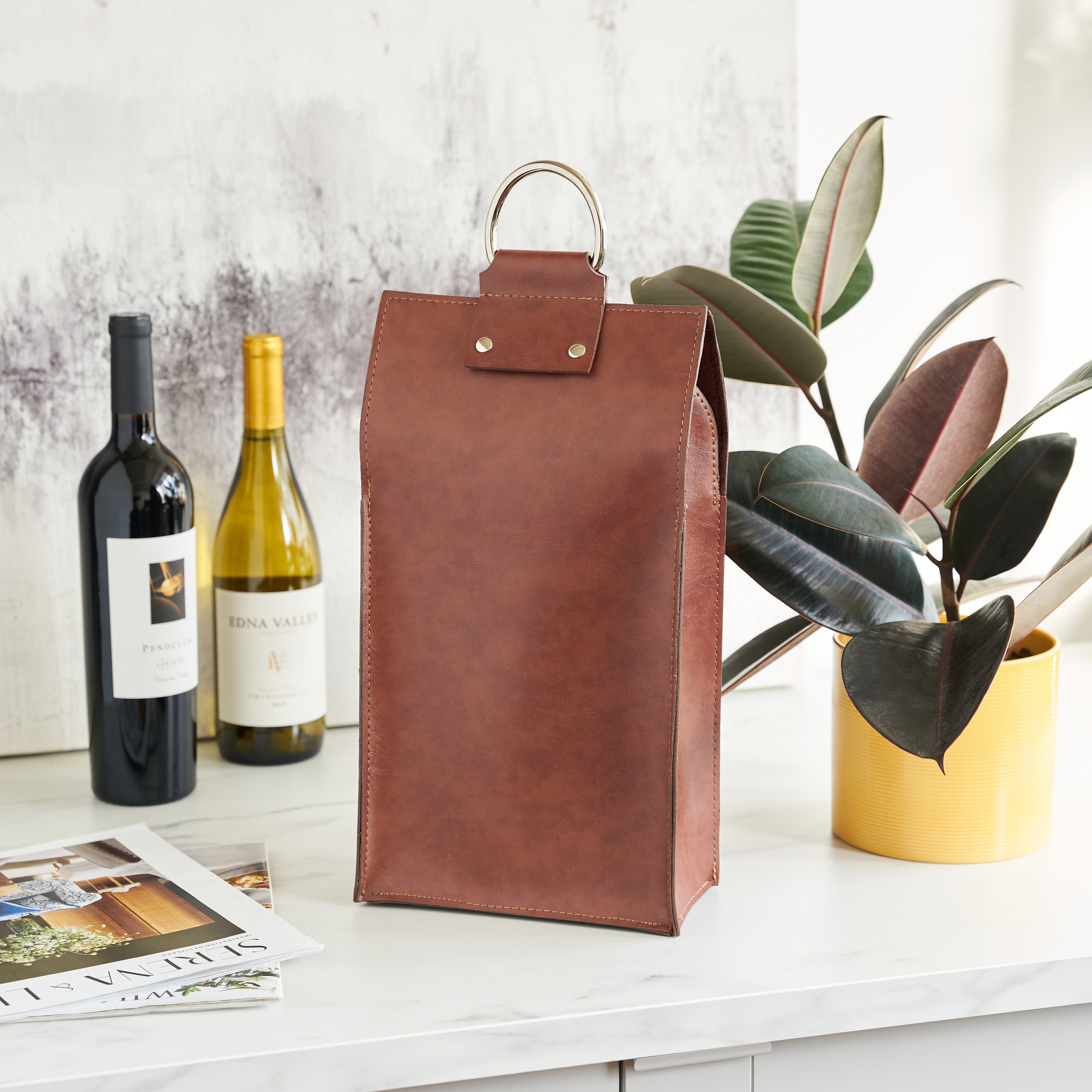 Viski Leather Wine Bag, Wine Gift Bag Faux Leather, Snap Closure, Stainless  Steel Handle, Holds 2 Standard Wine Bottle, Brown, Set of 1