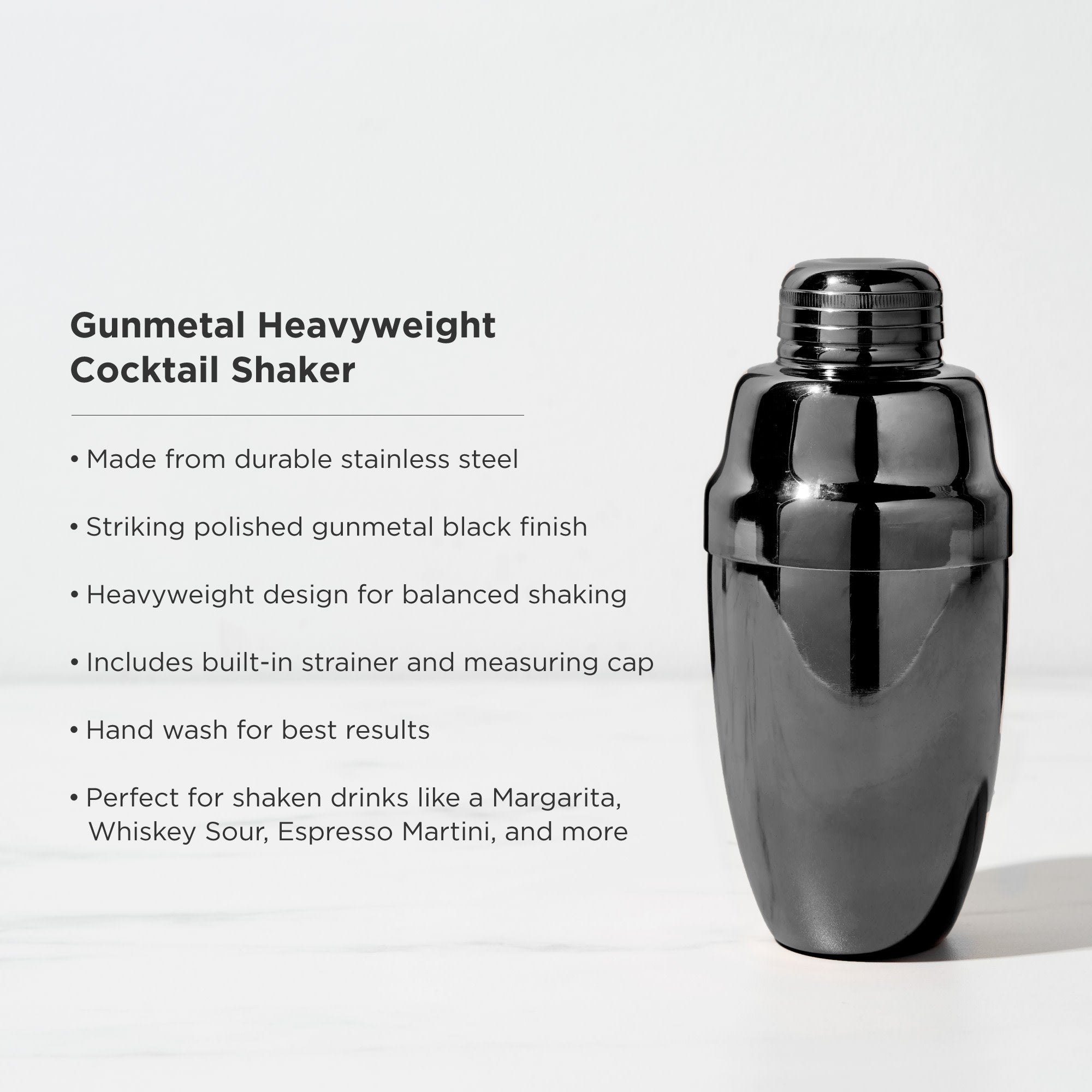 Viski Gunmetal Heavyweight Cocktail Shaker, Stainless Steel Drink Mixer,  with Bar Strainer, Professional Shaker for Martini and Margarita, Gunmetal  Polished Finish, 16.5 oz