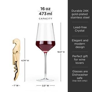 Crystal Bordeaux Glasses & Gold Corkscrew Gift Box Set