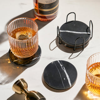 BLACK STONE COASTERS FOR MODERN HOMES - This set of 4 coasters black is a home decor essential. Each black coaster measures 10 cm across and is ideal for hot drinks or cold beverages, including tea, coffee, cocktails, wine, beer, or hard seltzer.