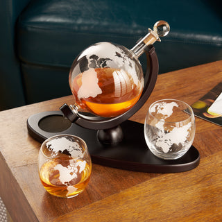 EXQUISITE GLOBE ETCHED WITH CONTINENTS OF THE WORLD - The beautiful frosted effect on this glass decanter and tumblers creates a striking design, while also being subtle enough to show off the beautiful hue and glow of the bourbon or scotch within it. 
