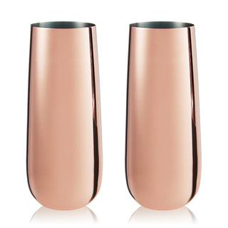 SET OF STYLISH COPPER CHAMPAGNE GLASSES - Stylish, shatterproof, and perfect for wine and cocktails, these metal champagne flutes make a striking statement. Add these copper stemless wine glasses to your cocktail glassware collection.
