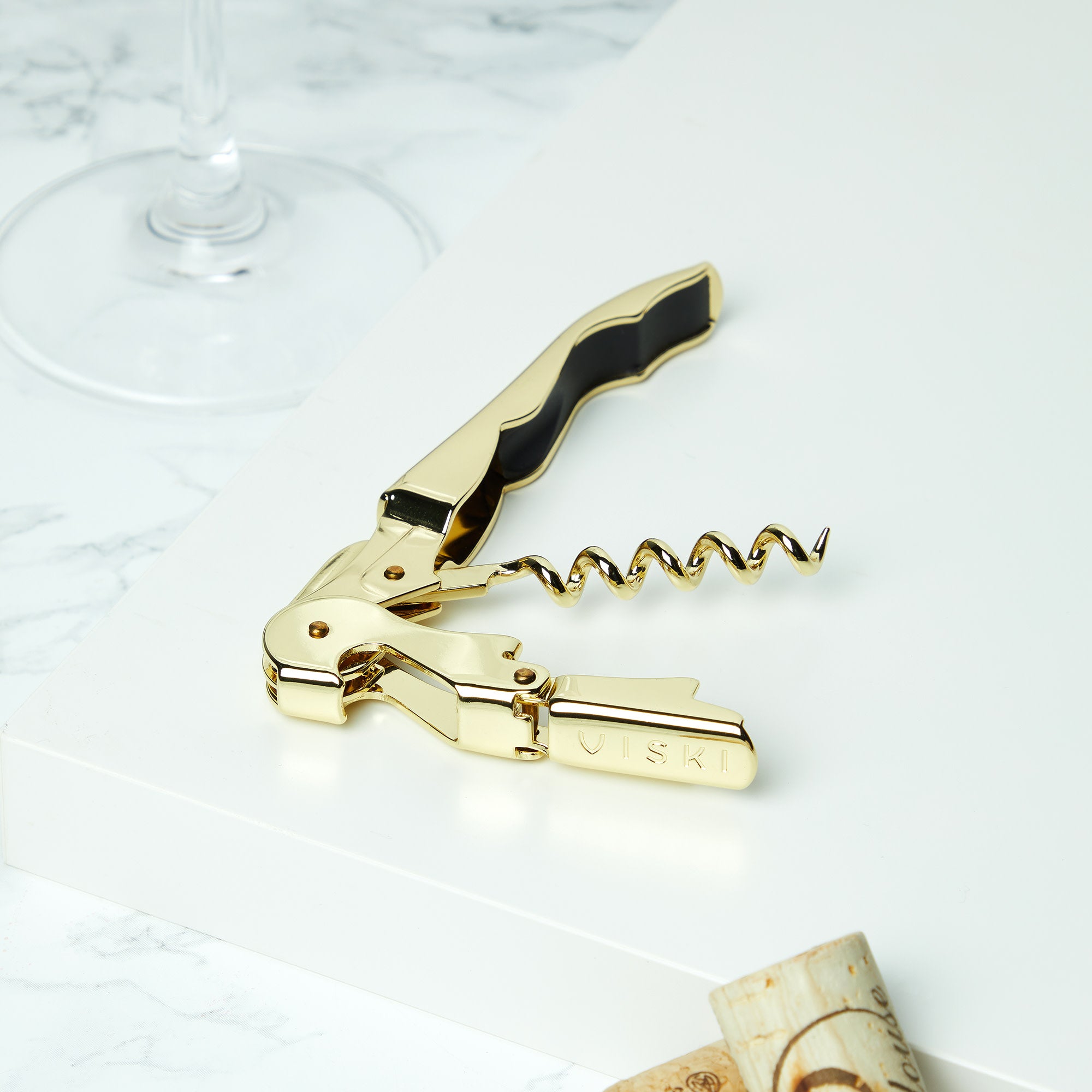 Viski 24k Gold Plated Signature Double Hinged Corkscrew Wine Bottle Opener  and Foil Cutter, Waiter's Corkscrew Wine Key, 4.75