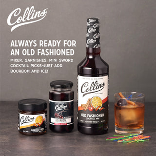 PREMIUM INGREDIENTS - Formulated with professional bartenders, Collins Old Fashioned Mix is made with real juice and sugar. Our bourbon cherries and orange twists are the perfect garnishes for old fashioneds and other whiskey drinks.
