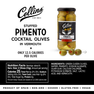 TASTY SNACK – Bathed in vermouth and stuffed with pimento, these olives make for a delicious snack to be enjoyed at dinner parties or social gatherings.