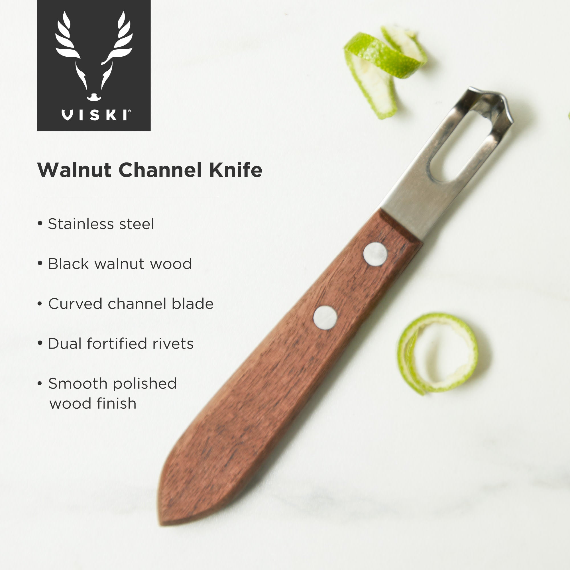 Viski Channel Knife, Cocktail Garnish Citrus Zester, Walnut Wood