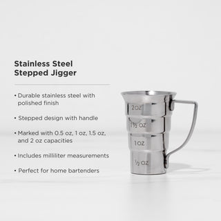 PROFESSIONAL GRADE STAINLESS STEEL - Stainless steel barware is durable and timeless, showcasing style without any extra frills. This stepped jigger with a convenient handle will fit right in with professional grade barware or stainless steel accessories.