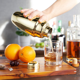 QUALITY FINISH - With 1.35 mm thick walls and polished gold plating, this professional-grade bartending tool with a built in strainer ensures high functionality. Shake it like a professional mixologist with this nicely weighted shaker.