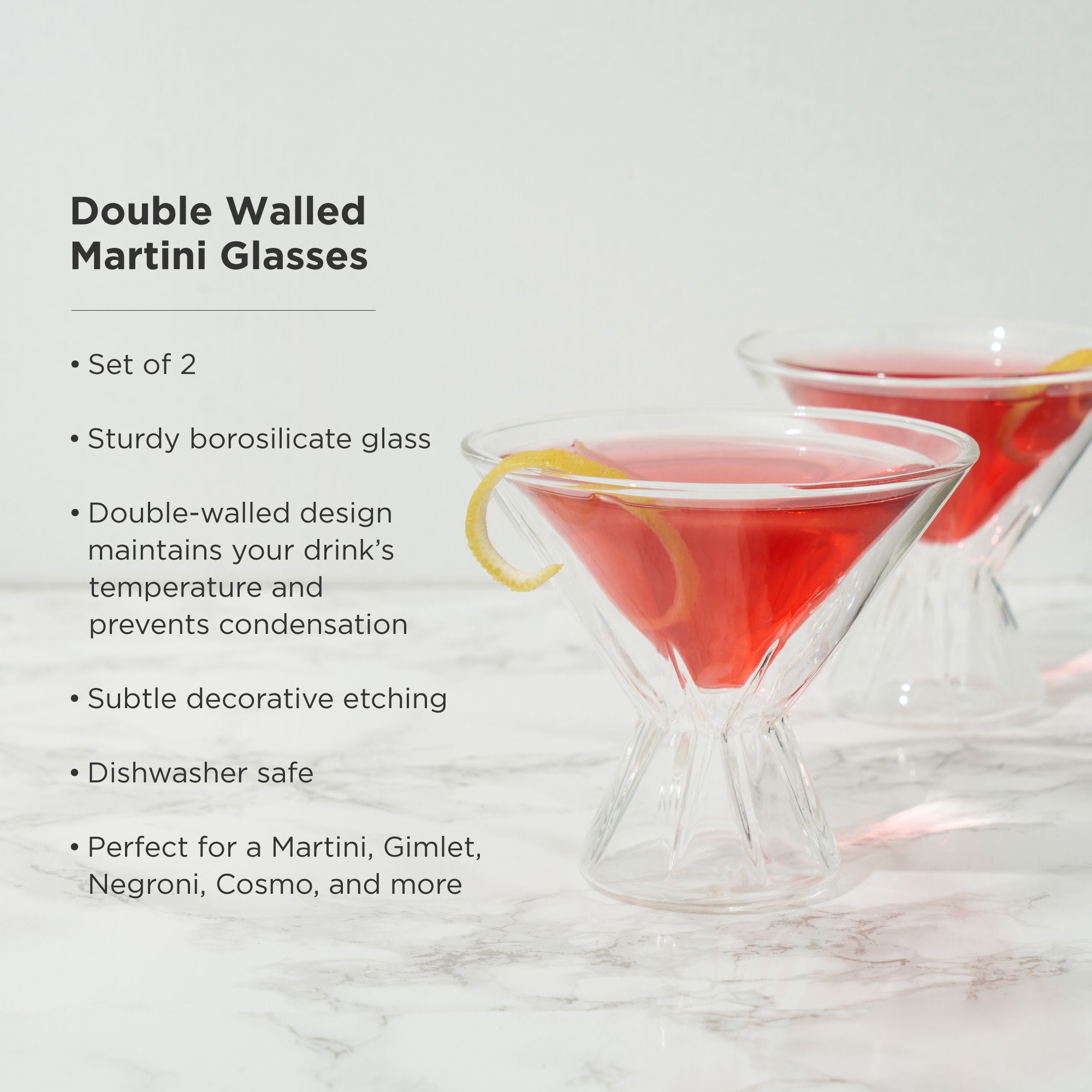 Ysell Insulated Martini Glasses,Set of 2,10 oz,Double Walled Cocktail  Glasses,Lead-Free Glass Cups Great for Cold or Hot Drinks