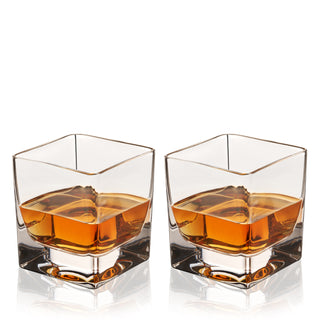 SQUARE WHISKEY GLASSES SET – These cocktail glasses are the epitome of elevated simplicity. The striking square base of these whiskey drinking glasses gives them geometric style, perfect for bourbon or scotch with a large ice sphere.