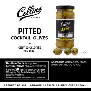 PITTED FOR EASE – These olives have no stone, which removes preparation time. Simply throw a couple of these olives into your cocktail or salad for a boost in taste and character and enjoy the tangy flavor of authentic green olives.