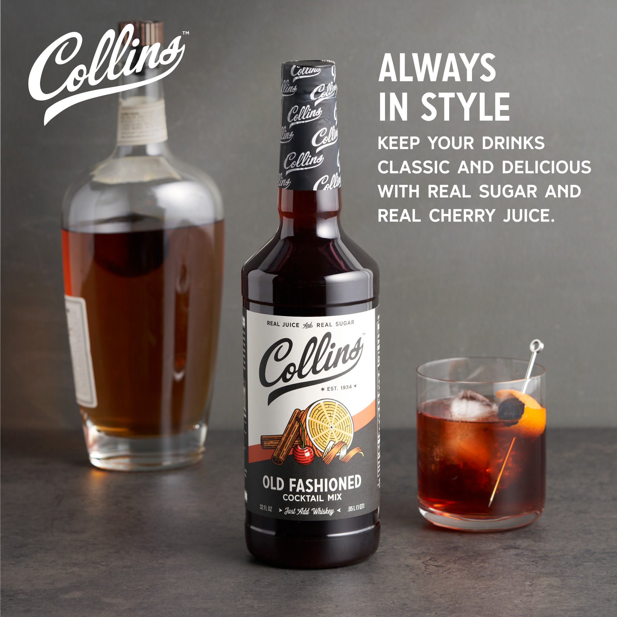 Collins Old Fashioned Mix, Made With Real Brown Sugar and Cherry Juice With Aromatics, Classic Cocktail Recipe Ingredient, Home Bar accessories Cocktail Mixers, 32 fl oz – Viski
