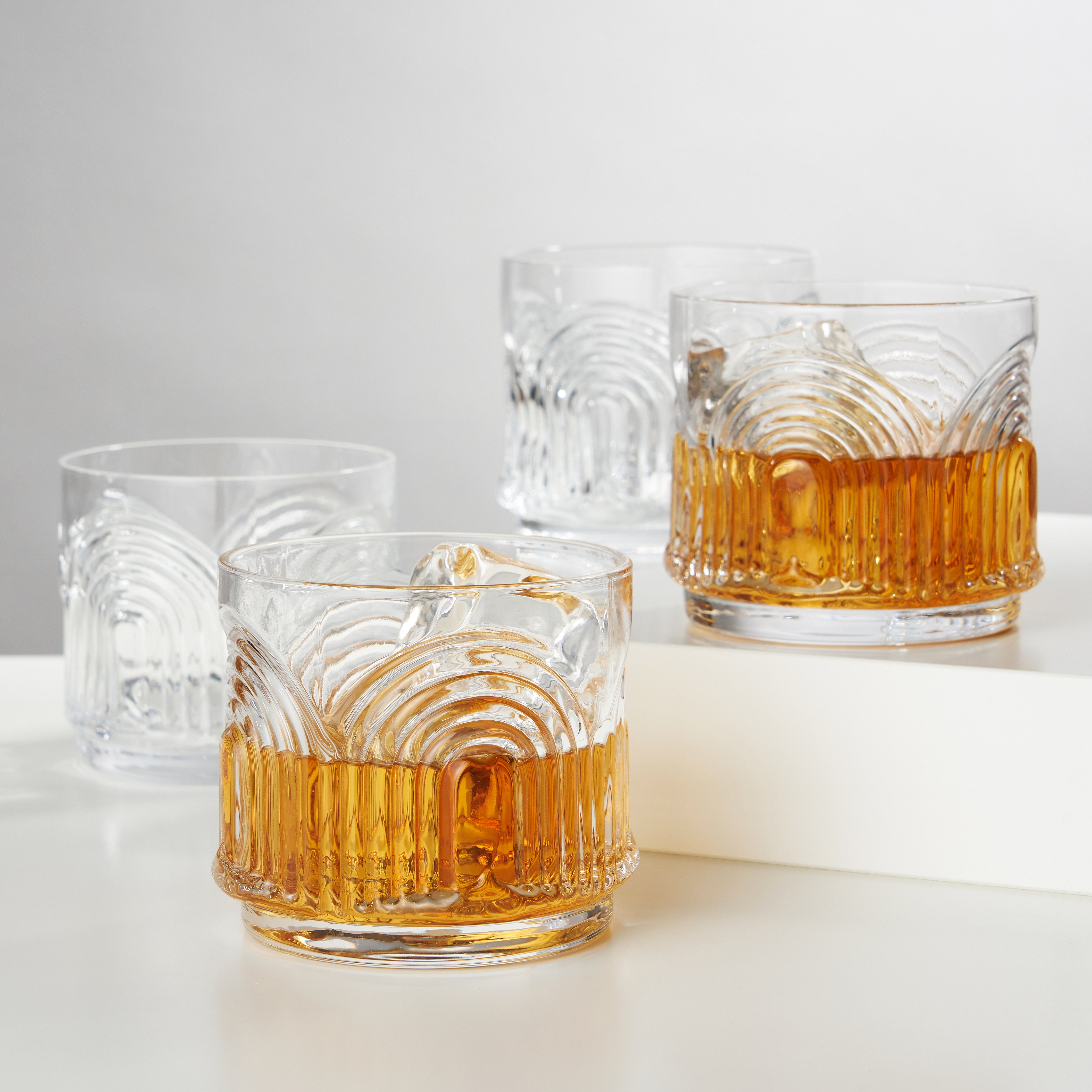 Viski Beau Stemless Lowball Glasses Set of 4 - Vintage Crystal Drinking  Glasses for Whiskey, Old Fashioned, Scotch & Bourbon, Art Deco Cocktail  Glasses Arch Design, 11oz