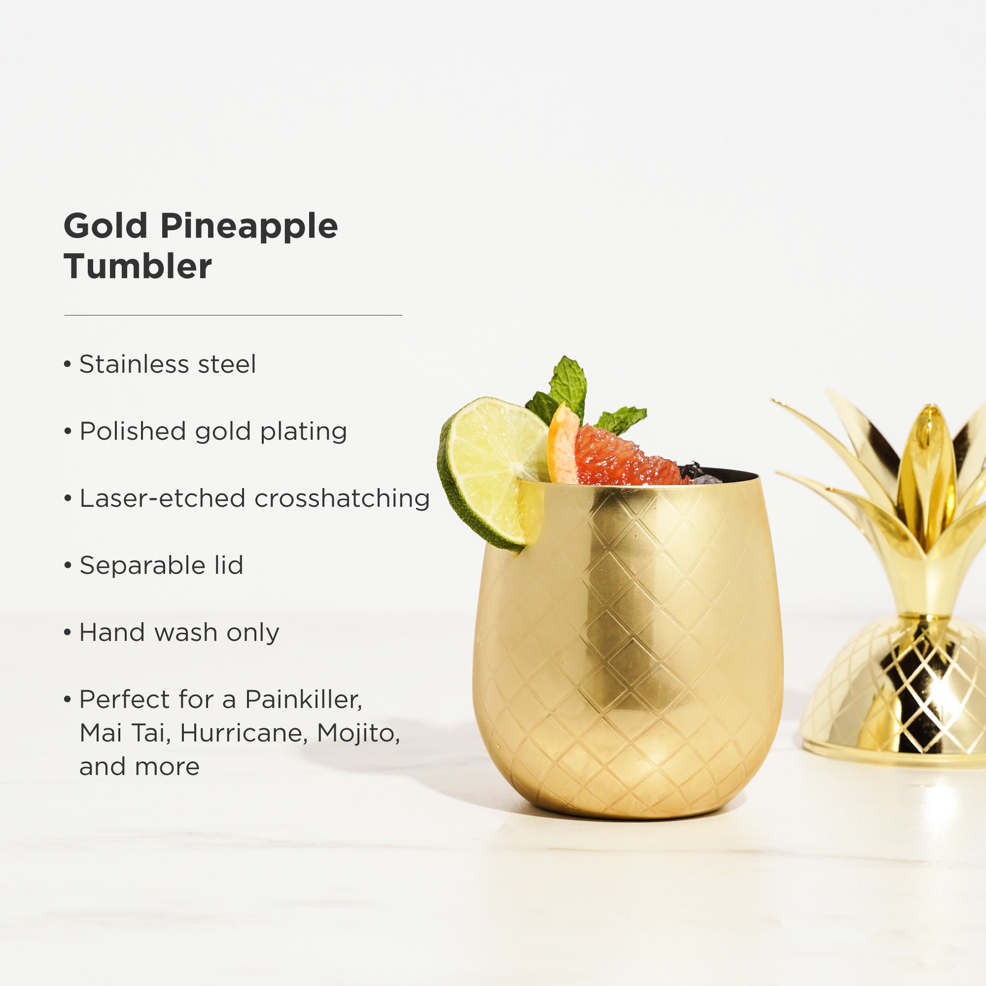 Viski Gold Pineapple Tumbler with Lid for Mai Tais, Tiki Drinks, and Craft  Cocktails, Tumbler Cup, Stainless Steel with Gold Plating, 16 Oz Set of 1