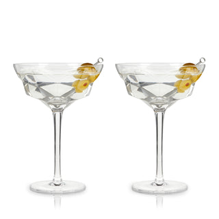 FACETED MARTINI COUPES – These beautiful cocktail glasses are designed with precise facets and crystal clarity. Lush gem cuts and tall stems make these glasses stand out on a bar cart or liquor cabinet and give refined elegance to any drink.