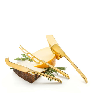 THREE ESSENTIAL CHEESE KNIVES - Upgrade your cheese tastings with these three gold knives, including a fork-tipped spear knife for crumbling aged cheeses, a mini-cleaver for hard cheeses and a soft cheese spreader.