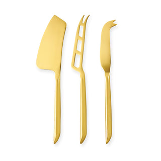 THREE ESSENTIAL CHEESE KNIVES - Upgrade your cheese tastings with these three gold knives, including a fork-tipped spear knife for crumbling aged cheeses, a mini-cleaver for hard cheeses and a soft cheese spreader.